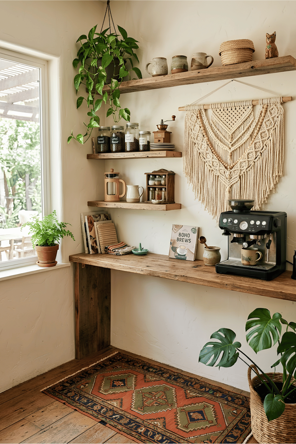 Boho coffee nook with macramé wall hanging, open wood shelves, woven baskets, handmade mugs, and hanging plants.