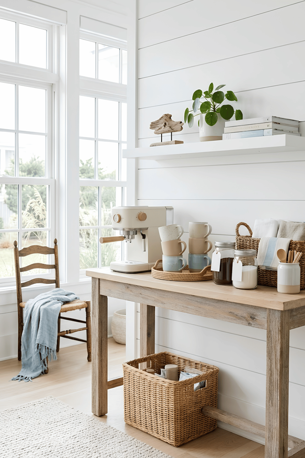 Coastal coffee corner with white shelves, driftwood décor, woven baskets, glass jars, ceramic mugs, and soft blue accents.