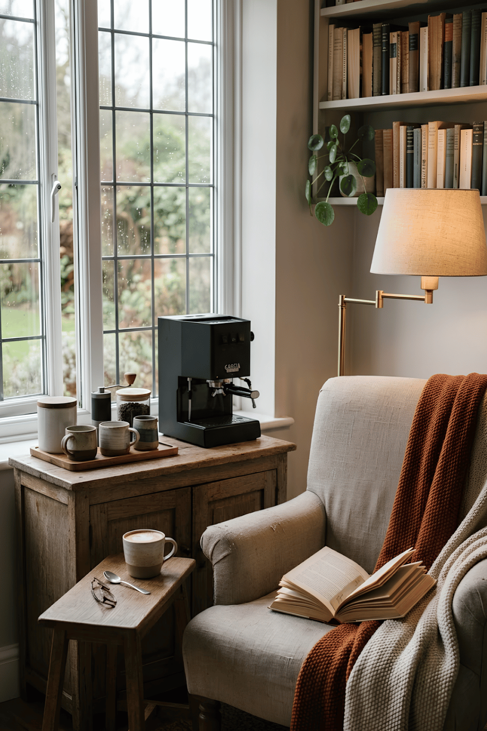 Cozy coffee and book nook with a reading chair, compact coffee station, bookshelf, throw blanket, and floor lamp.