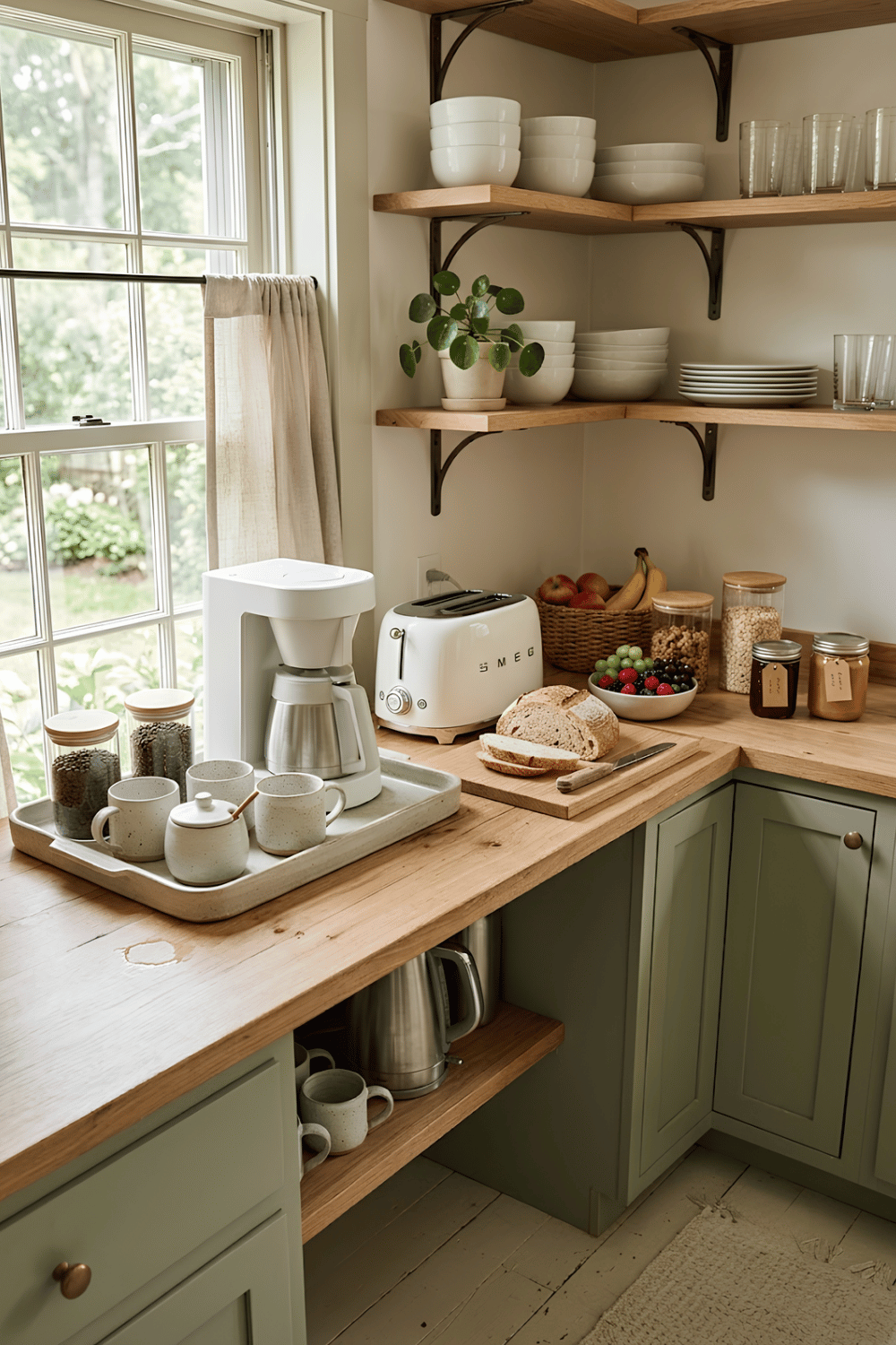 Coffee and breakfast bar with an espresso machine, toaster, fruit bowl, granola jars, and a wooden serving tray.