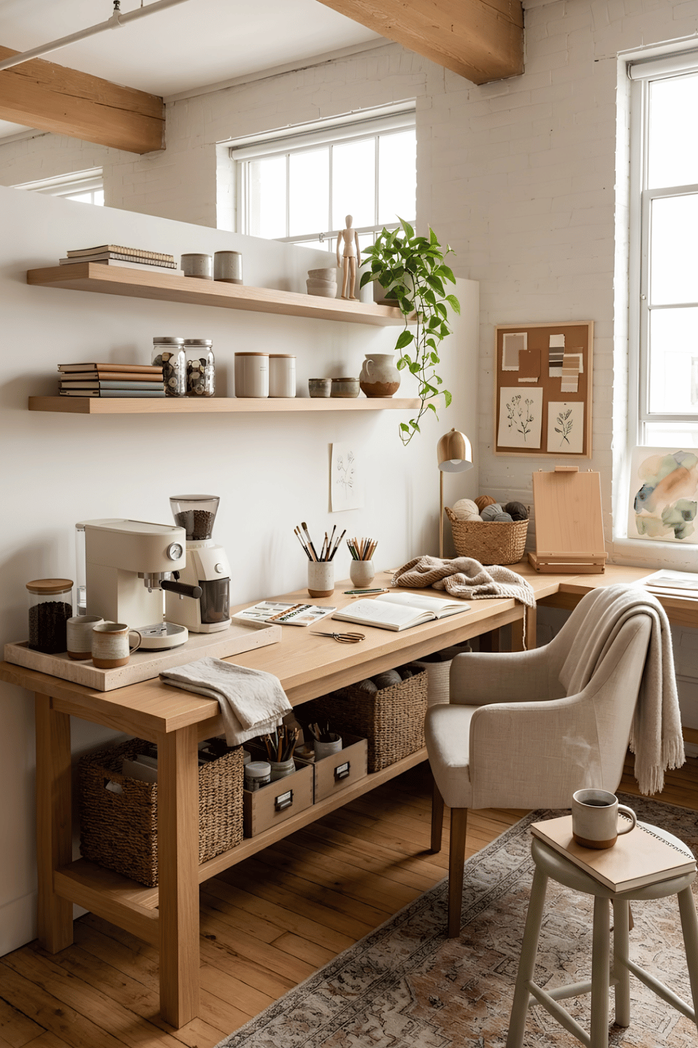 Cozy coffee station beside a craft workspace with baskets of art supplies, journals, knitting materials, and a comfortable creative desk.