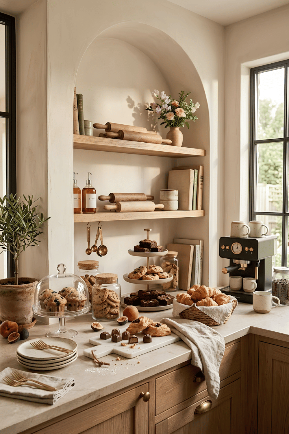 Coffee and dessert station with an espresso machine, glass jars of cookies and biscotti, tiered stands, brownies, muffins, and chocolates.