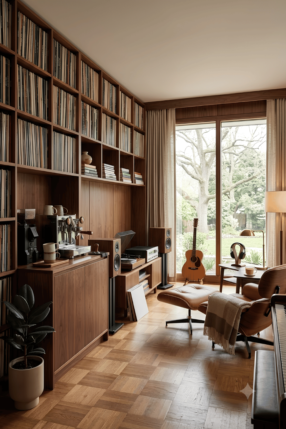 Cozy coffee corner with a record player, vinyl collection, guitar, and modern home coffee station.
