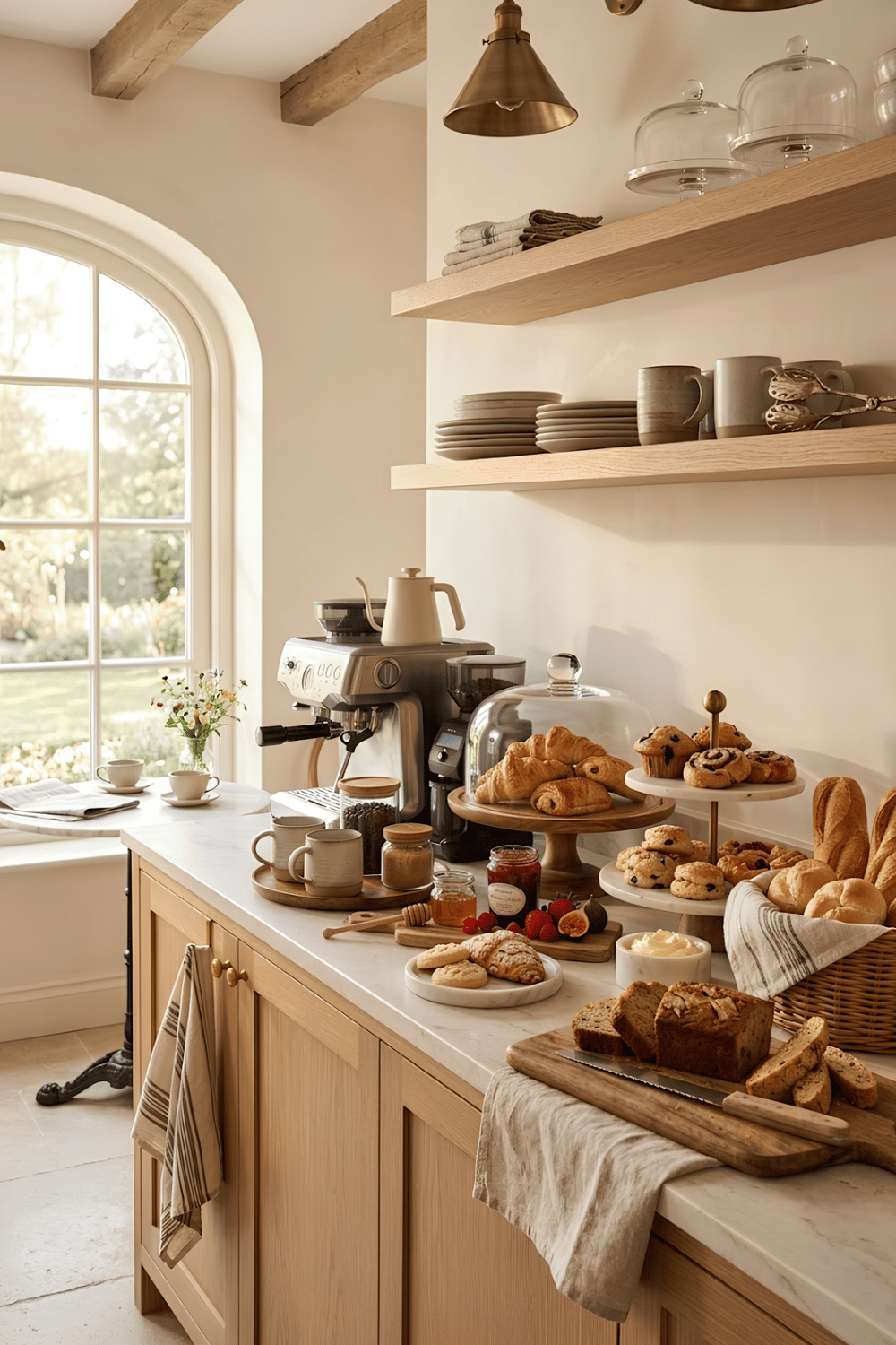 Home coffee station with fresh pastries displayed on wooden cake stands, glass cloches, and tiered trays beside a coffee maker.
