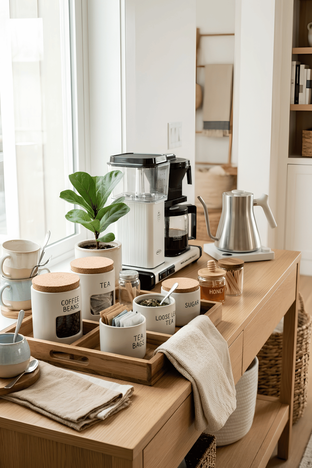 Organized coffee and tea station with separate containers for coffee beans, tea, sugar, honey, and a divided serving tray.