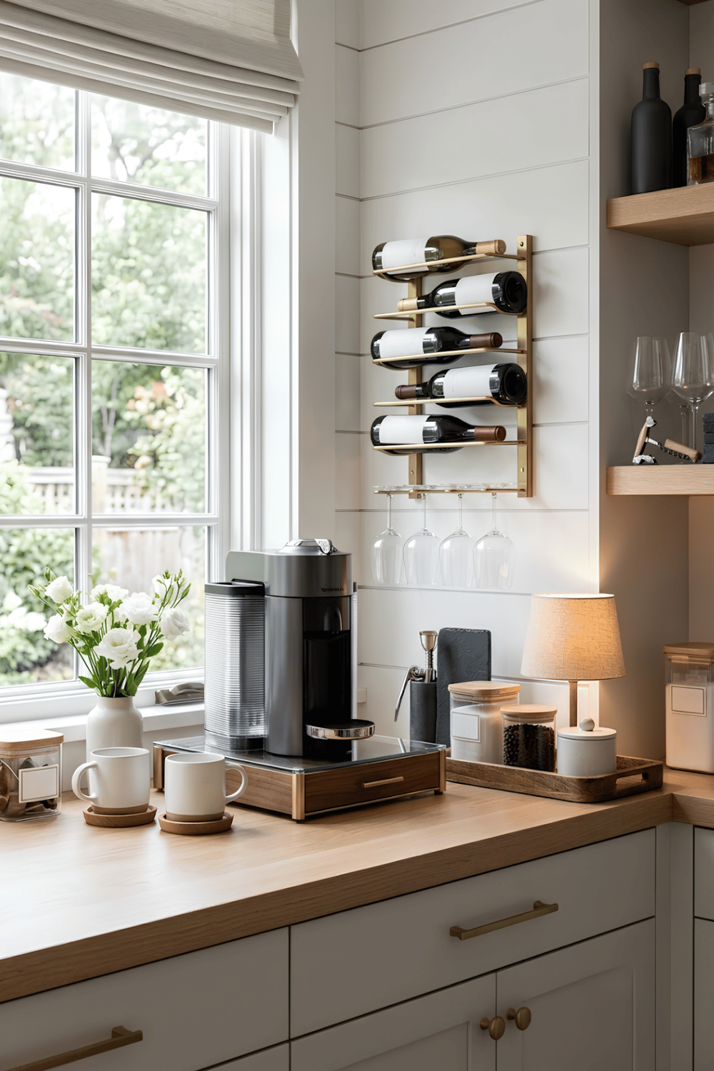 Coffee and wine bar with an espresso machine, wine rack, stemware, mug rack, decorative tray, and table lamp.