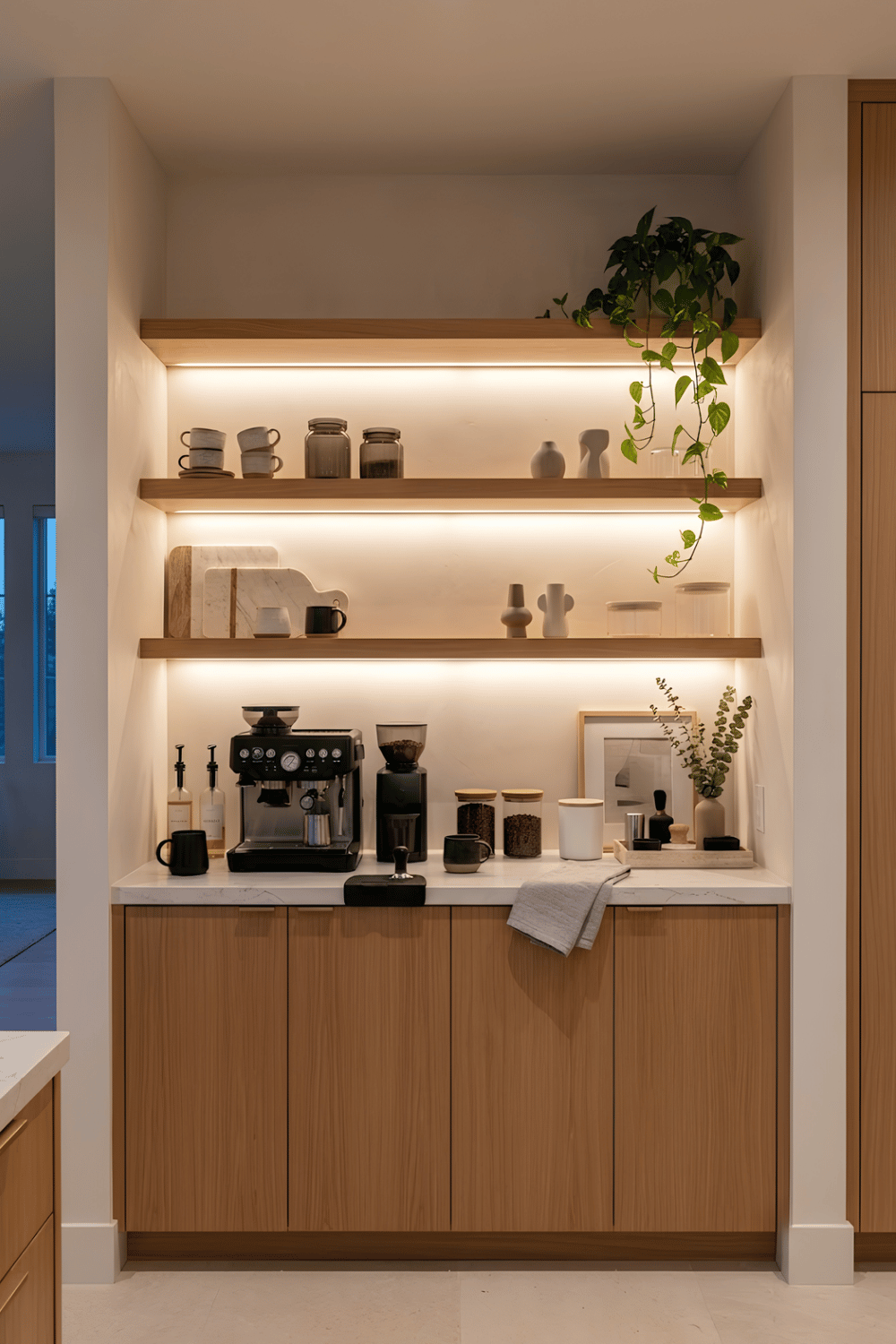 Modern coffee bar with warm white LED strip lighting under floating shelves and a cozy home coffee station.