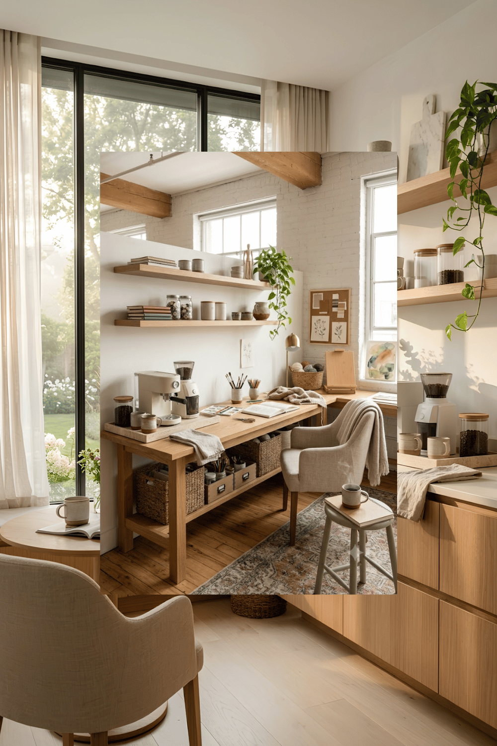 Bright home coffee station beside a sunlit window with fresh flowers, a cozy stool, and a relaxing view.