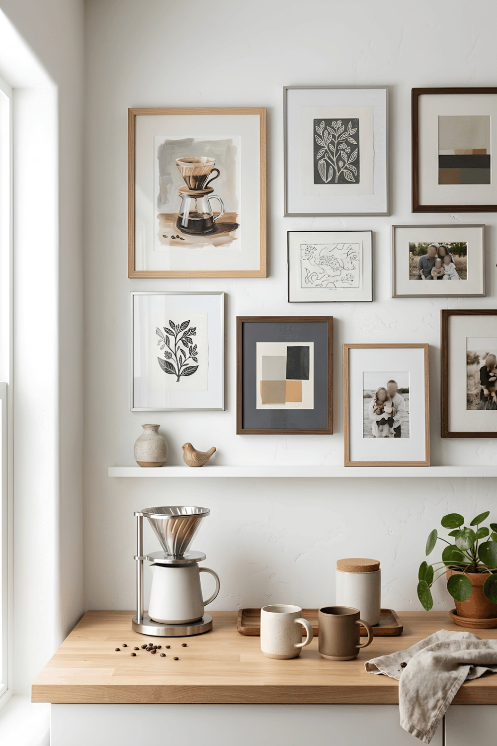 Coffee corner with a gallery wall featuring coffee-themed prints, botanical art, family photos, and a simple coffee station.