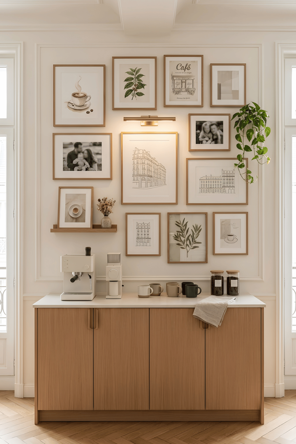 Home coffee corner with a gallery wall of coffee prints, botanical art, family photos, and a modern coffee station.
