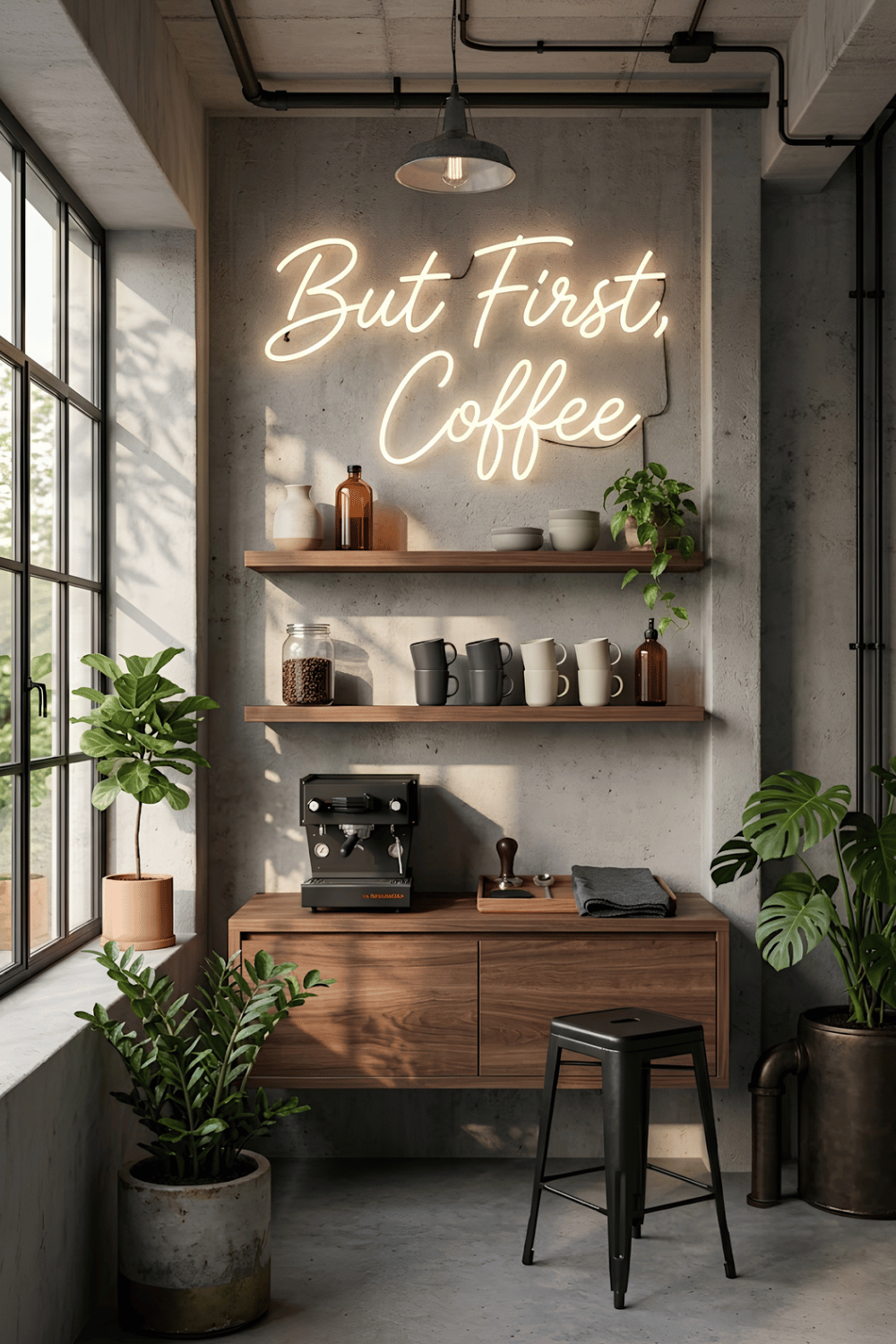 Modern coffee corner with a But First, Coffee neon sign above a minimalist home coffee station.