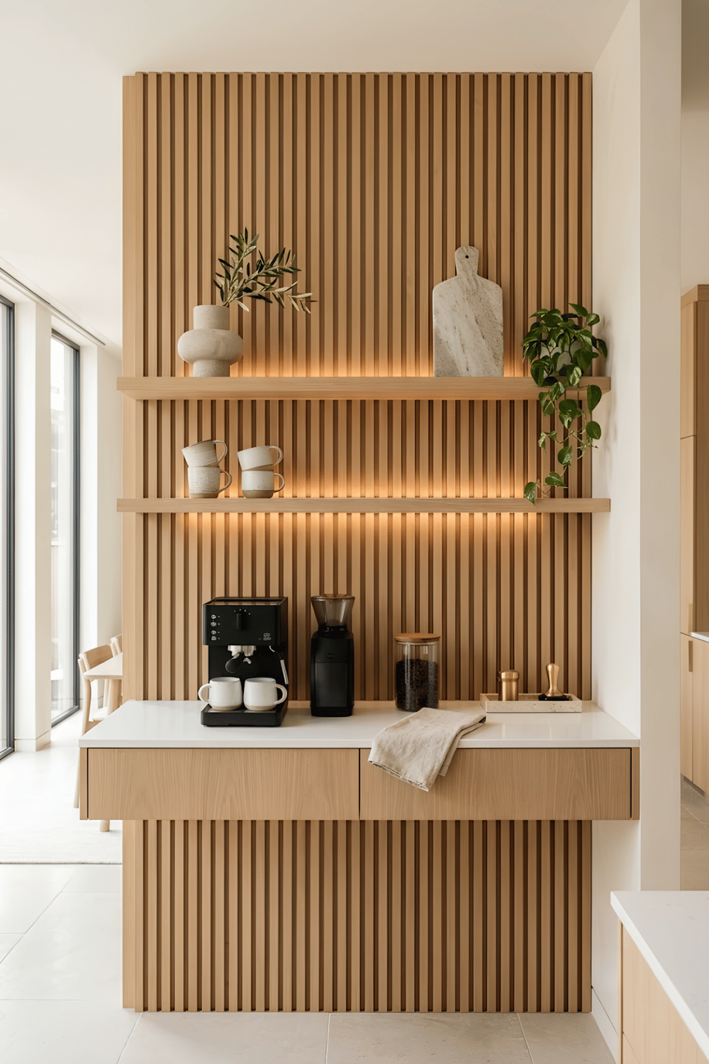 Modern home coffee station with a wood slat statement wall behind floating shelves and a minimalist coffee bar.