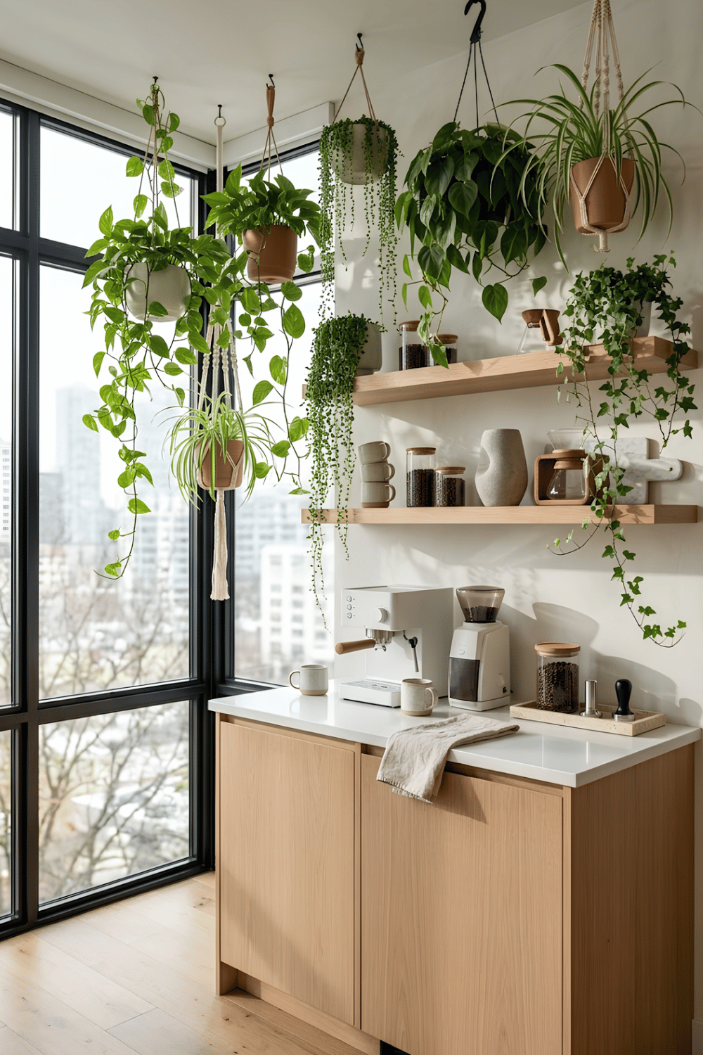 Home coffee corner with mugs hanging from black hooks beneath a wooden shelf above a modern coffee station.