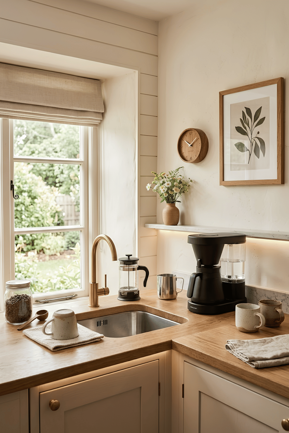 Modern coffee corner with a built-in prep sink, espresso machine, quartz countertop, matte black faucet, and organized coffee accessories.