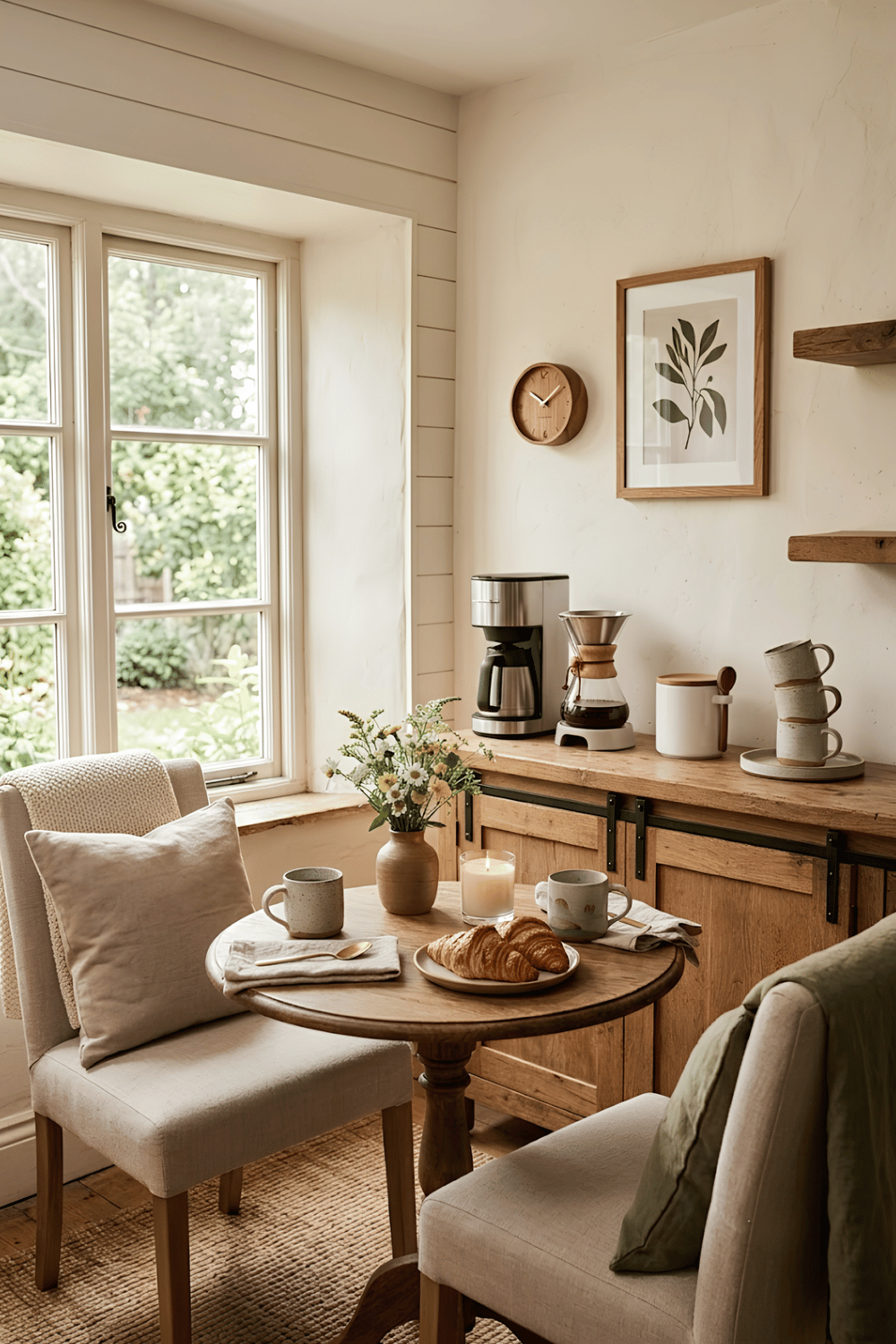 Cozy coffee corner with a coffee station, café table for two, matching mugs, fresh flowers, and comfortable seating.