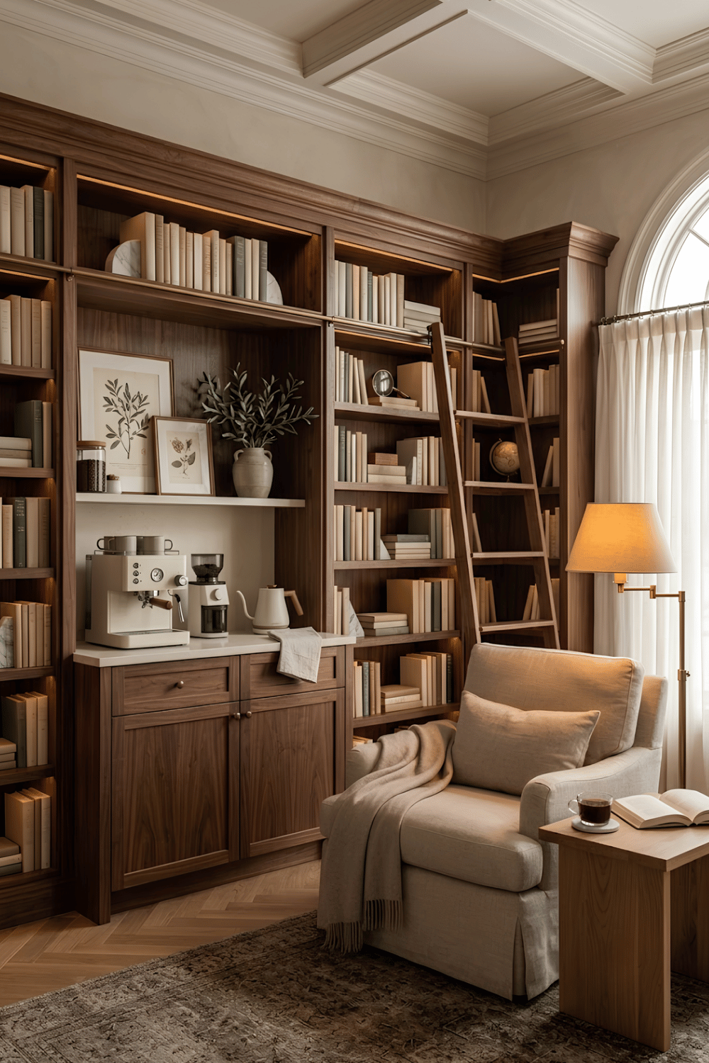 Cozy coffee station beside a bookshelf with a reading chair, floor lamp, and throw blanket creating a coffee library.