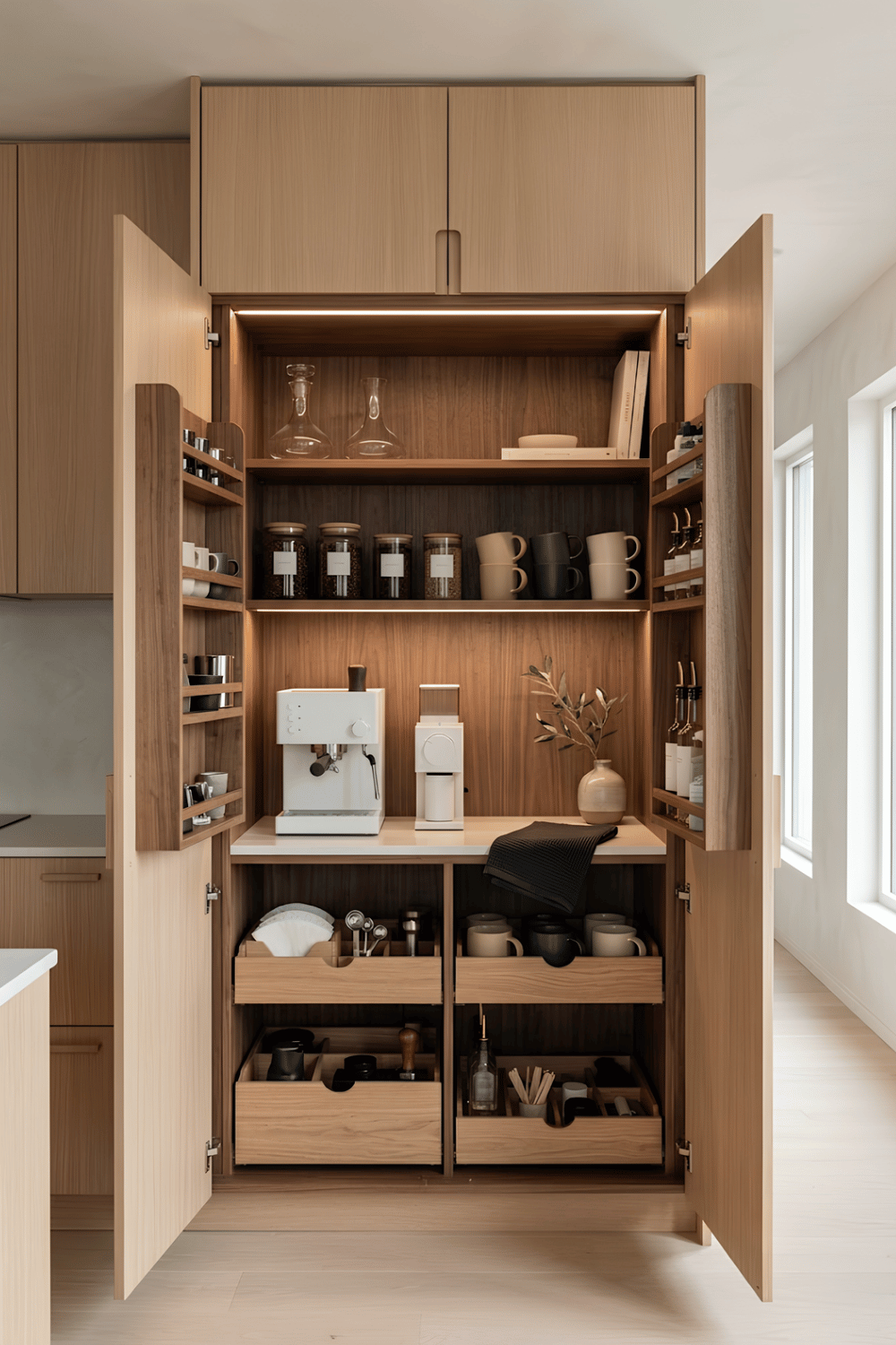 Open kitchen cabinet with a neatly organized coffee station, mugs, coffee maker, jars, and accessories hidden inside.