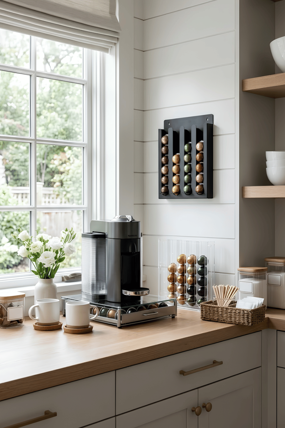 Contemporary coffee pod station with a pod machine, storage drawer, acrylic organizers, wall-mounted pod holder, and labeled containers.