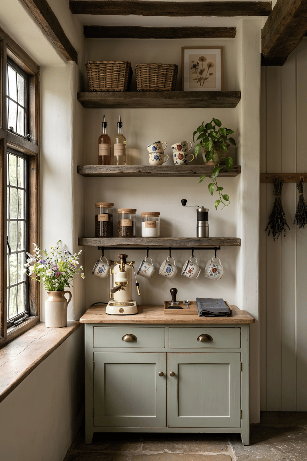Cozy cottagecore coffee corner with floral mugs, vintage pitchers, fresh flowers, and rustic wooden shelves.