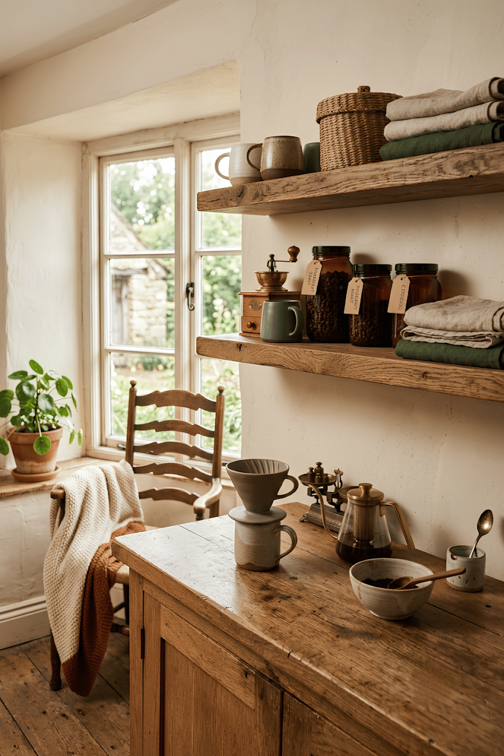 Cozy rustic coffee corner with reclaimed wood shelves, ceramic mugs, amber jars, and vintage coffee accessories.