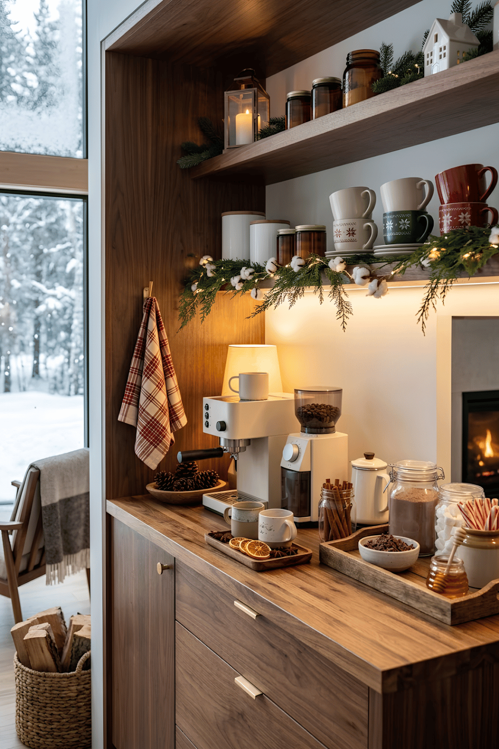 Cozy winter coffee station with plaid towels, pinecones, holiday mugs, warm lighting, and hot chocolate mix.