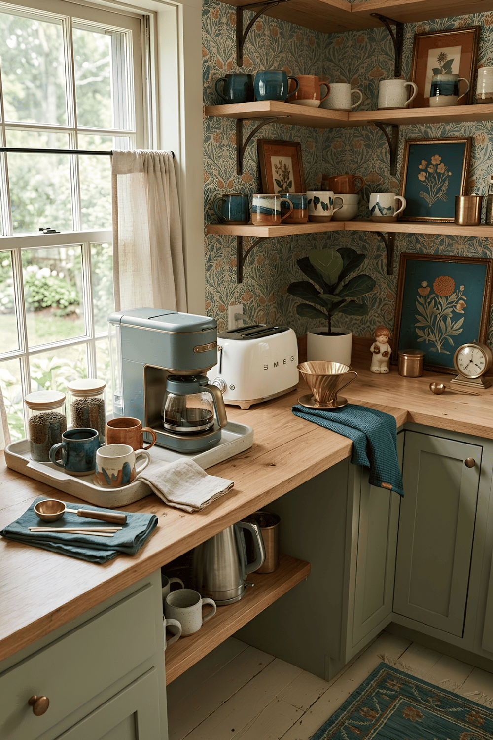 Eclectic coffee nook with colorful mugs, vintage artwork, brass accents, patterned wallpaper, and open wood shelves.