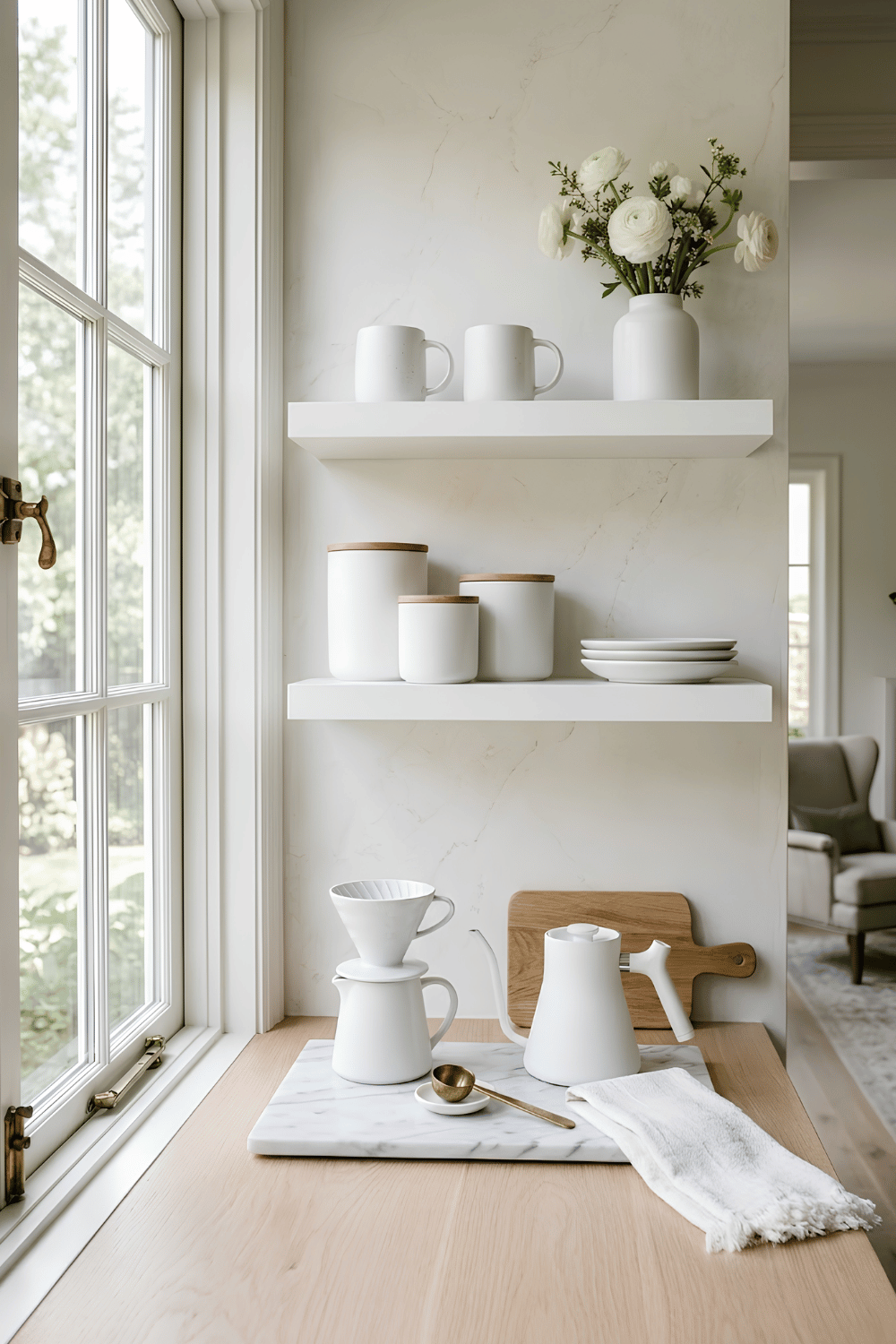 Elegant white coffee setup with white shelves, ceramic canisters, marble tray, fresh flowers, and natural wood accents.