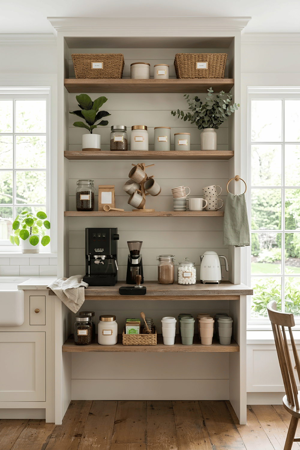 Family-friendly coffee station with separate coffee and hot chocolate areas, labeled jars, reusable cups, and organized baskets.