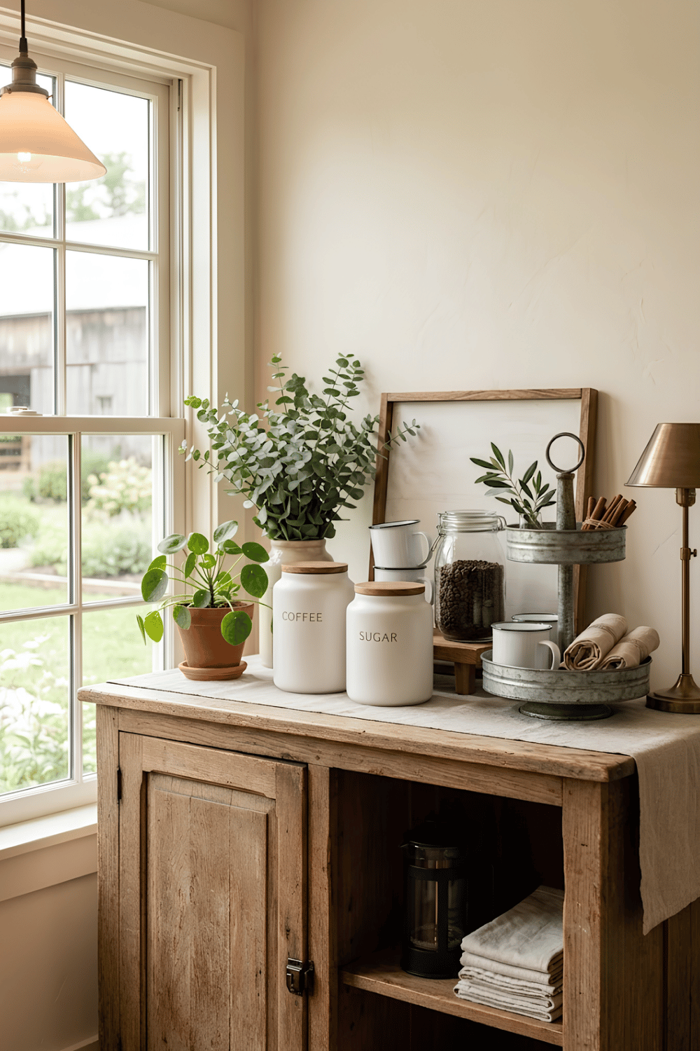 Farmhouse coffee station with a weathered wood console table, white canisters, mason jars, tiered tray, enamel mugs, and fresh greenery.