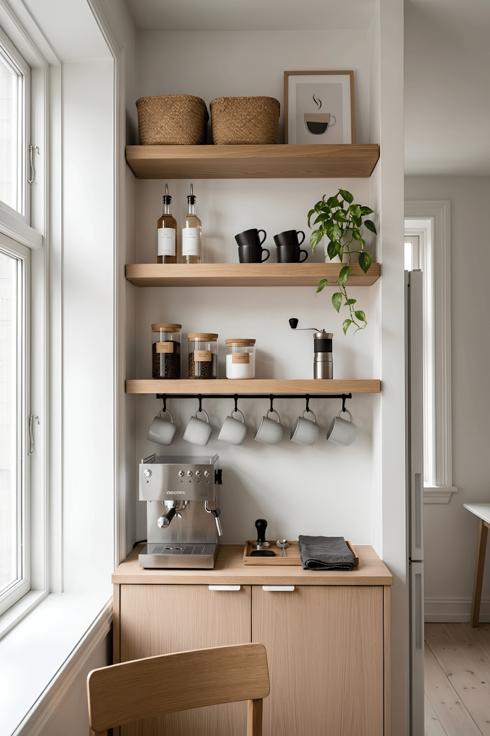 Floating shelf coffee station with mugs, coffee beans, plants, and espresso machine in a small home kitchen.