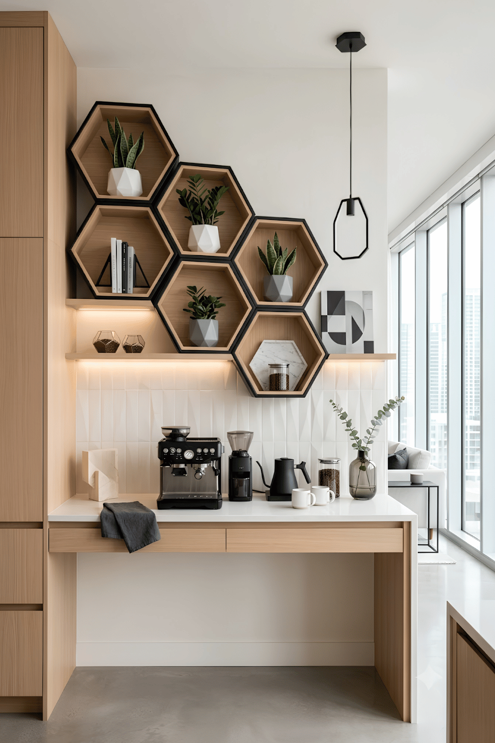 Modern geometric coffee nook with hexagon shelves, angular planters, black metal accents, and a patterned backsplash.