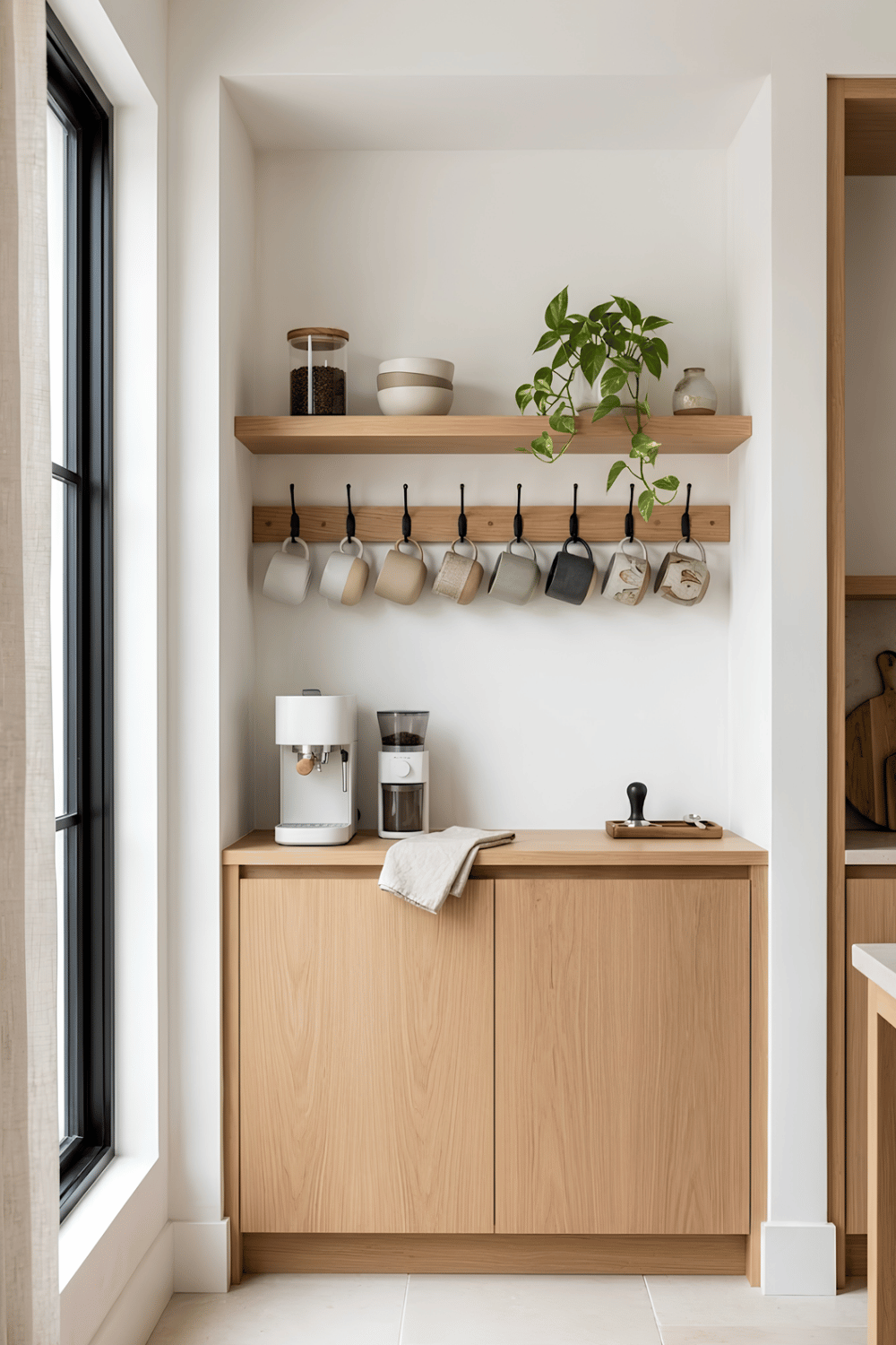Home coffee corner with mugs hanging from black hooks beneath a wooden shelf above a modern coffee station.