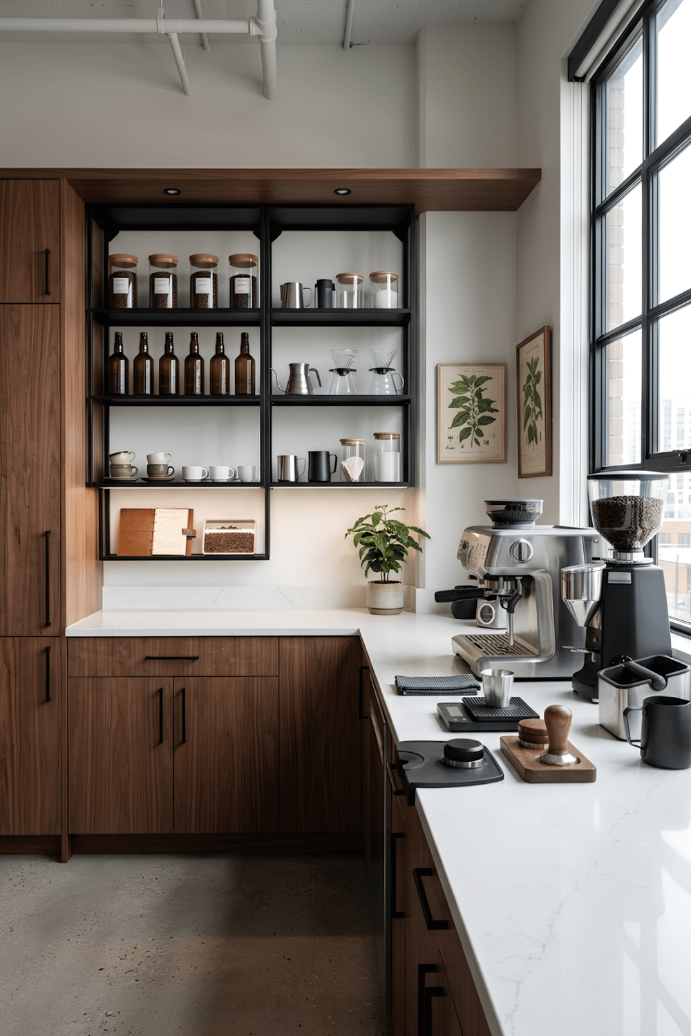 Home barista coffee bar with an espresso machine, burr grinder, milk frother, tamper, and organized brewing tools.