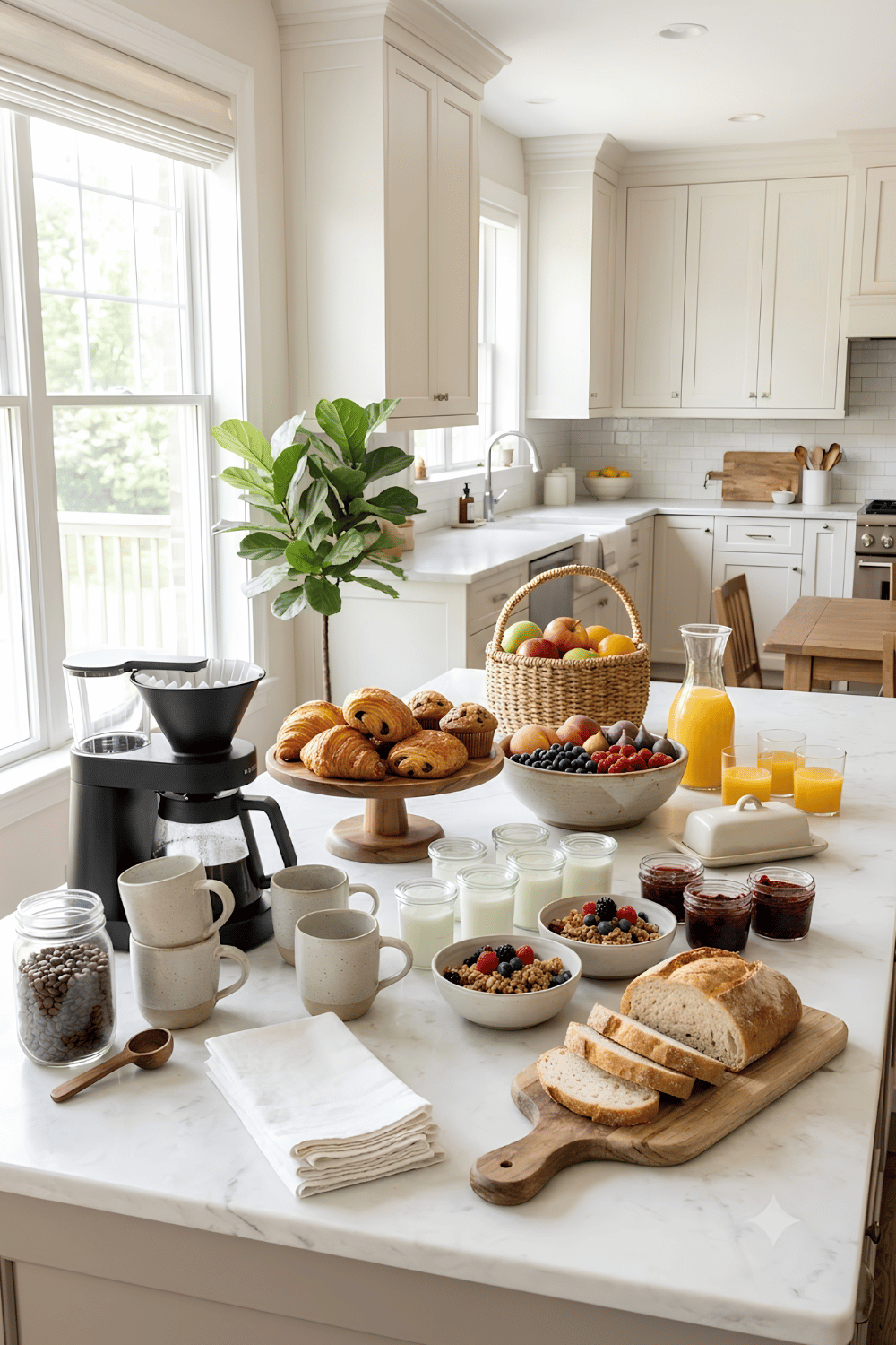 Hotel-inspired breakfast coffee bar with an espresso machine, pastries, fresh fruit, yogurt, granola, juice, and cake stands.