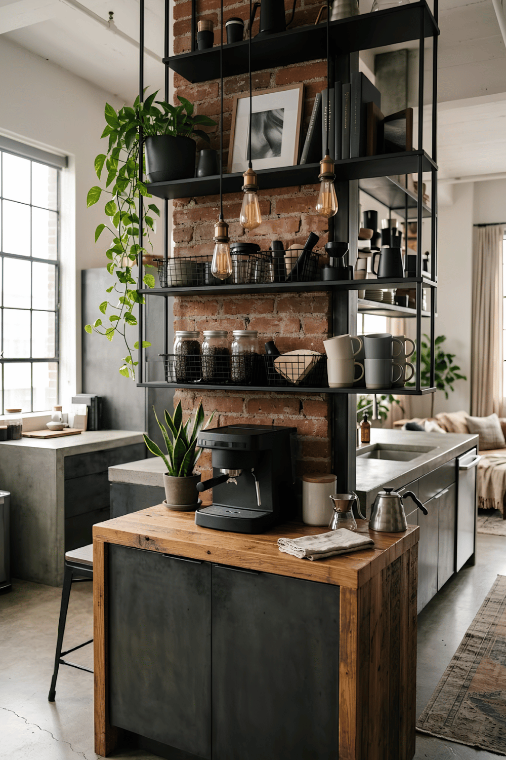 Industrial chic coffee bar with black floating shelves, a wooden countertop, matte black espresso machine, Edison bulbs, wire baskets, and indoor plants.