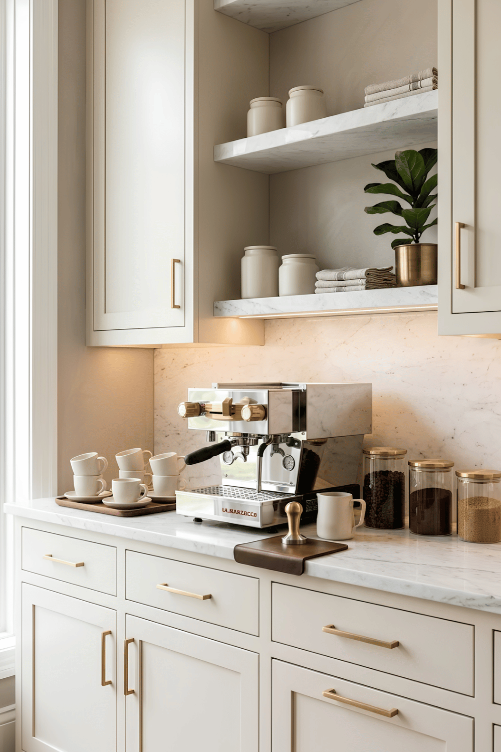 Luxury coffee bar with a marble countertop, premium espresso machine, brass hardware, glass canisters, and under-cabinet lighting.