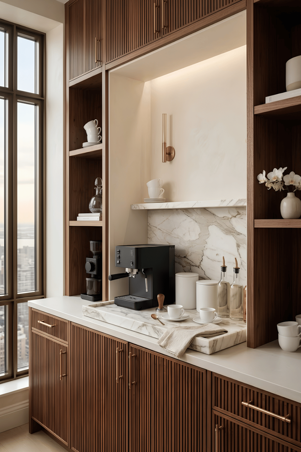 Elegant marble coffee station with a matte black espresso machine, brass accents, and white ceramic canisters.
