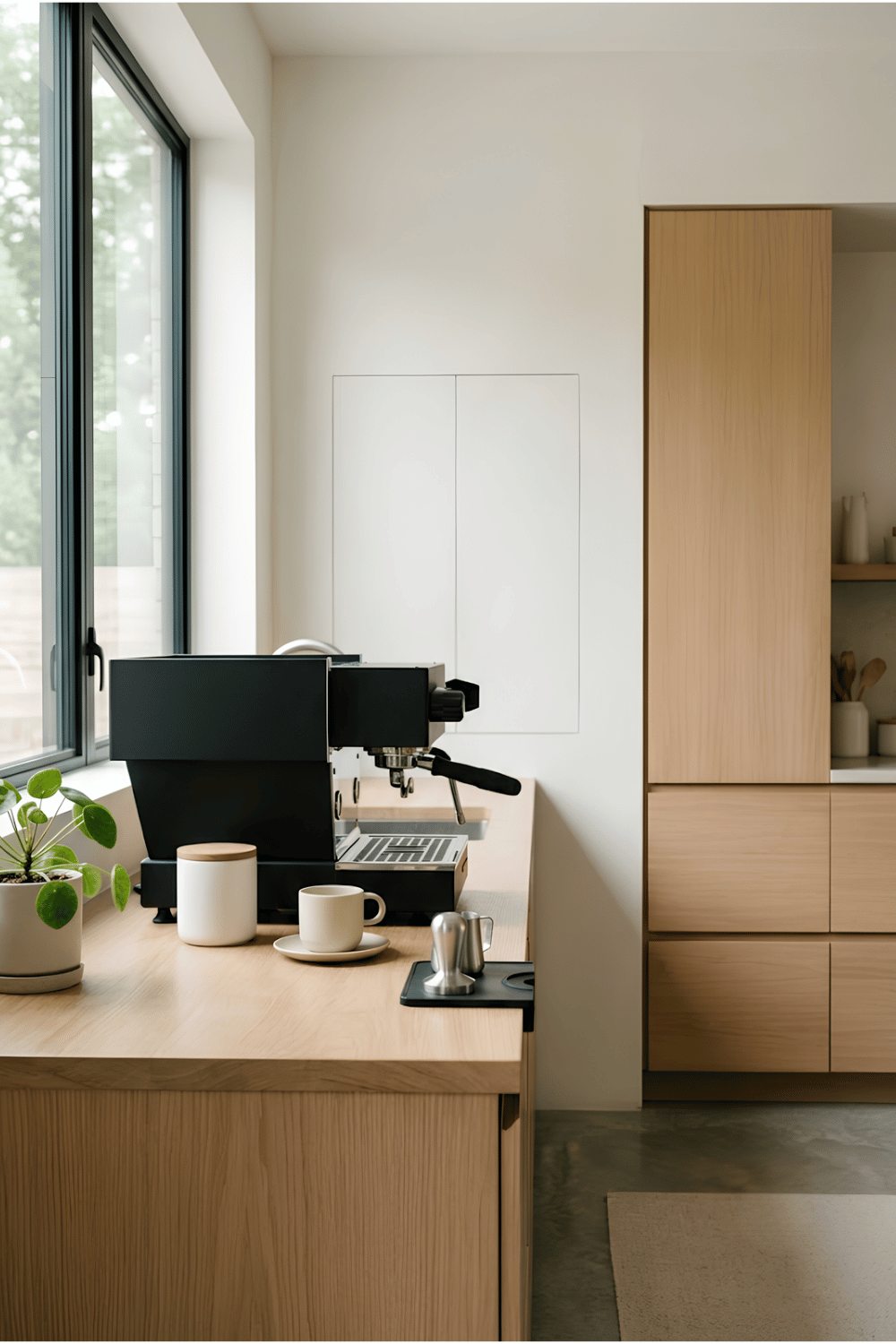 Modern minimalist coffee station with a sleek espresso machine, light oak shelf, and clean white countertop.