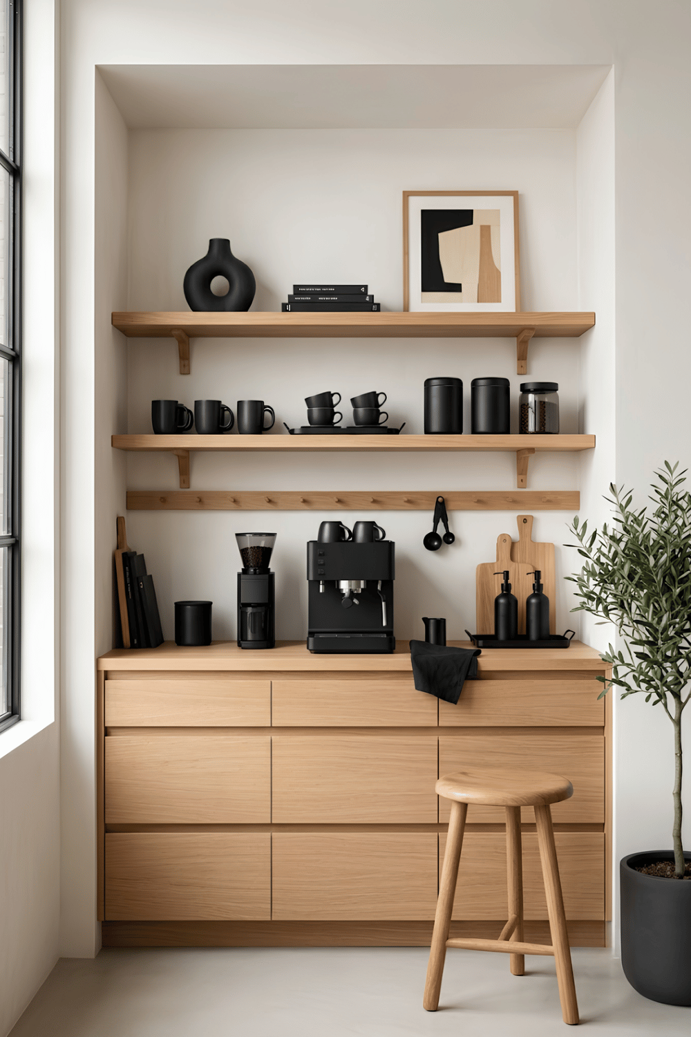 Modern monochrome coffee bar with matte black accessories, oak shelves, and a minimalist home coffee station.