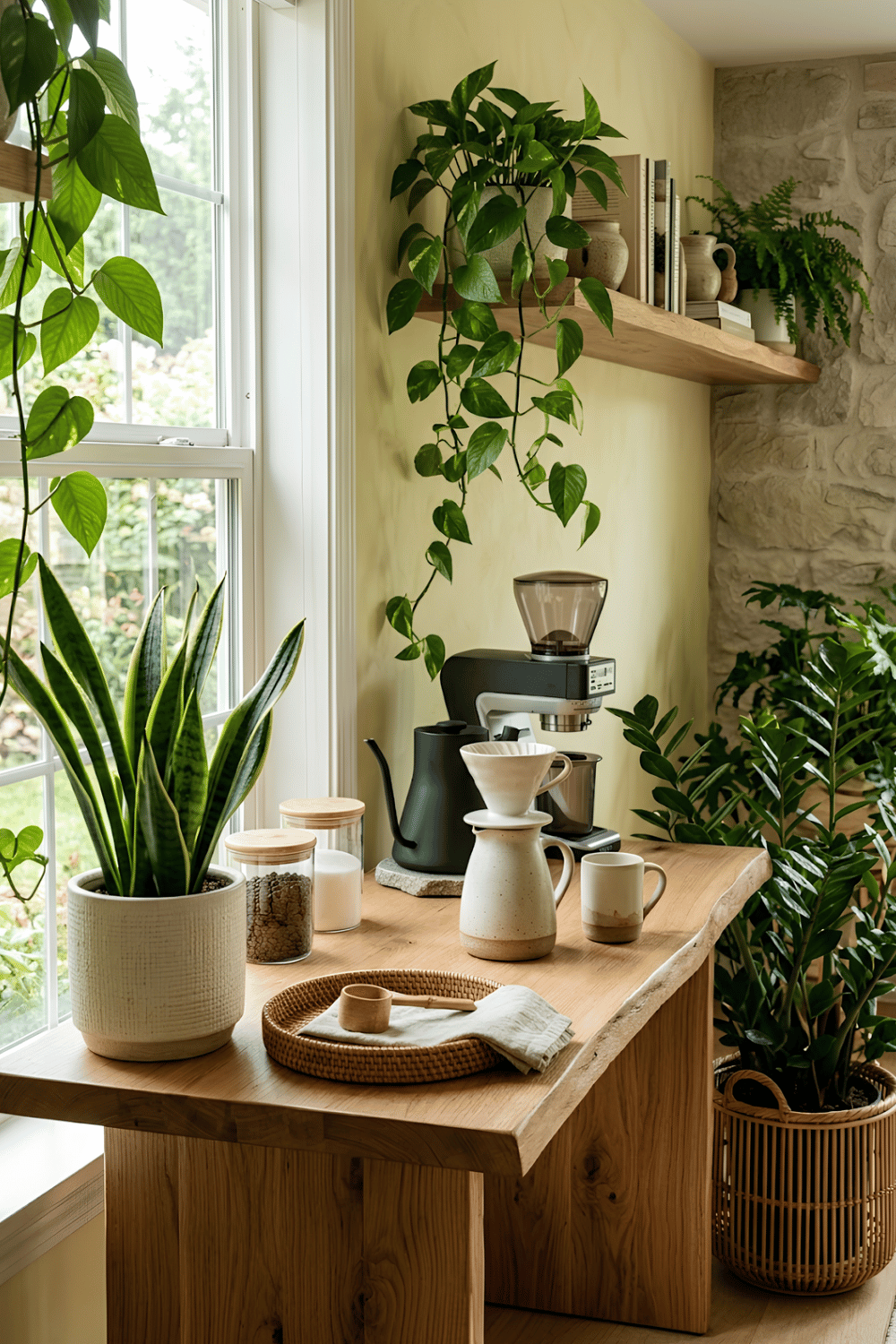 Nature-inspired coffee corner with wood shelves, ceramic mugs, bamboo baskets, stone countertop, and indoor plants.