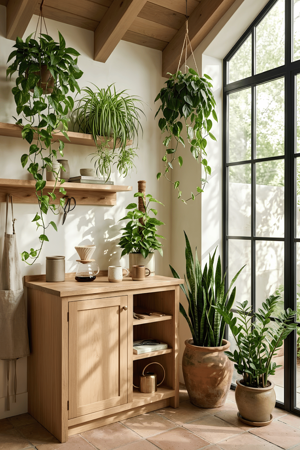 Plant lover's coffee corner with a coffee station, pothos, snake plant, ZZ plant, spider plant, philodendron, and natural wood shelves.