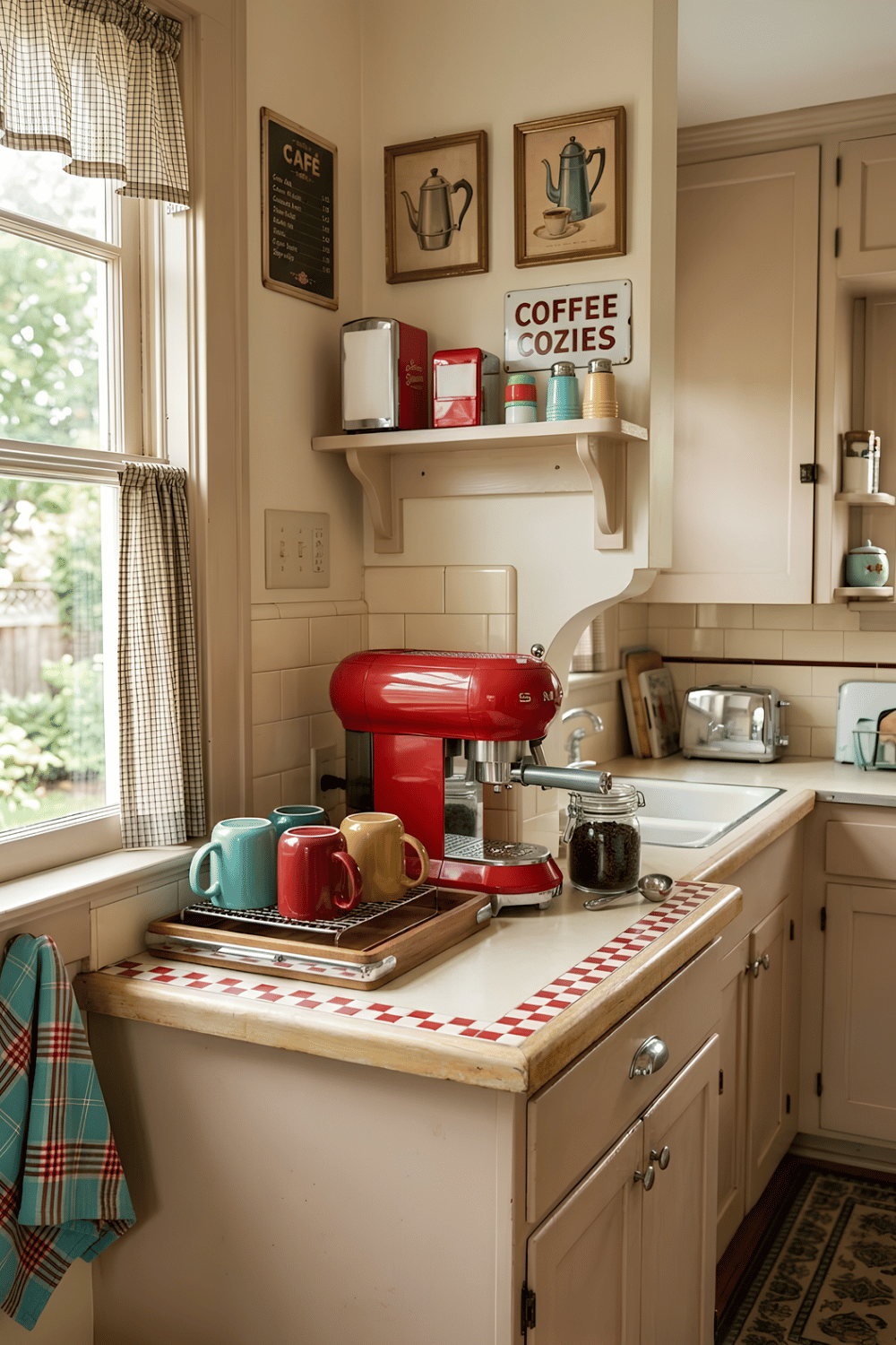 Retro café corner with a turquoise espresso machine, checkerboard backsplash, colorful mugs, and vintage café décor.