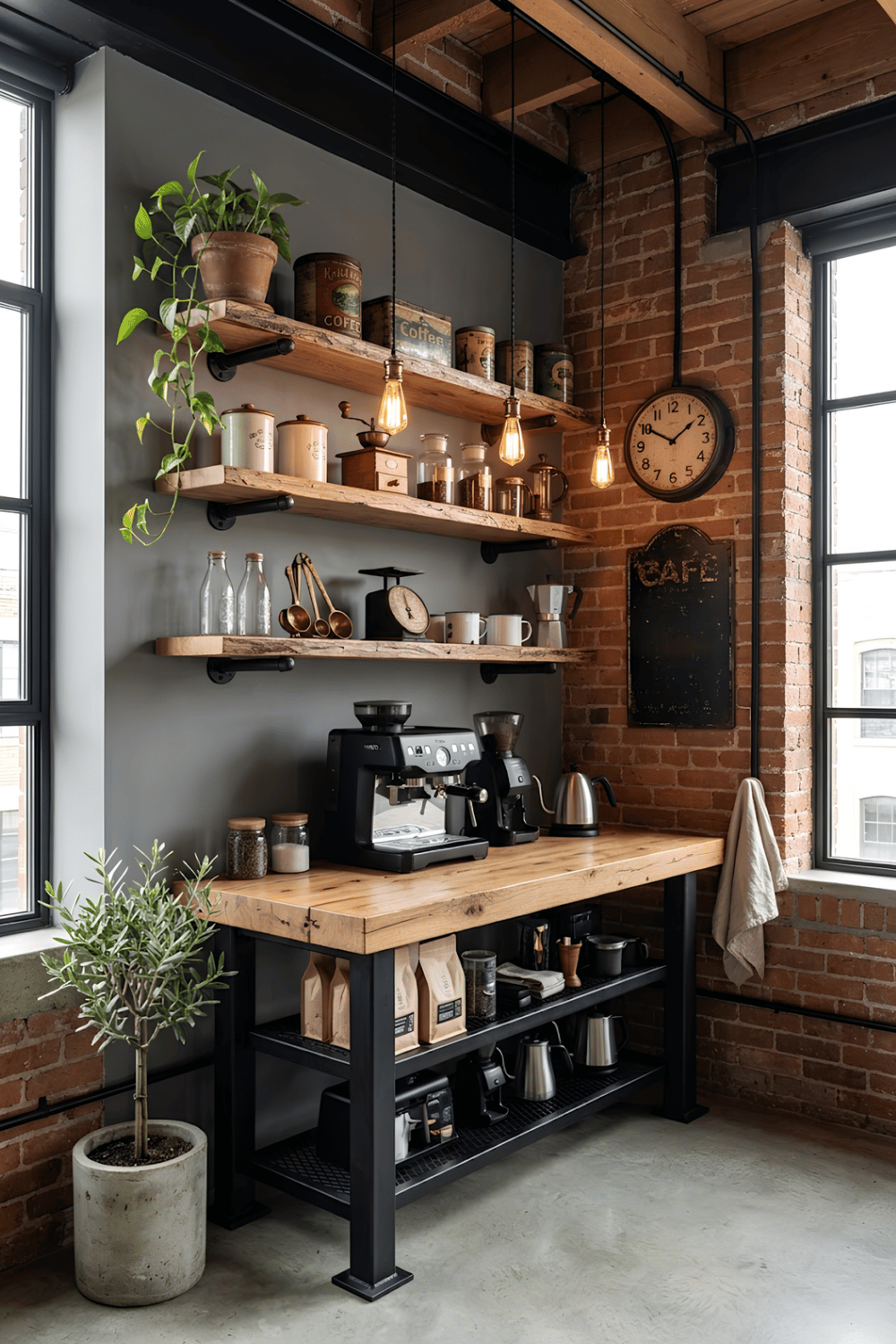 Retro industrial coffee corner with reclaimed wood shelves, black metal framing, vintage coffee tins, and Edison bulb lighting.