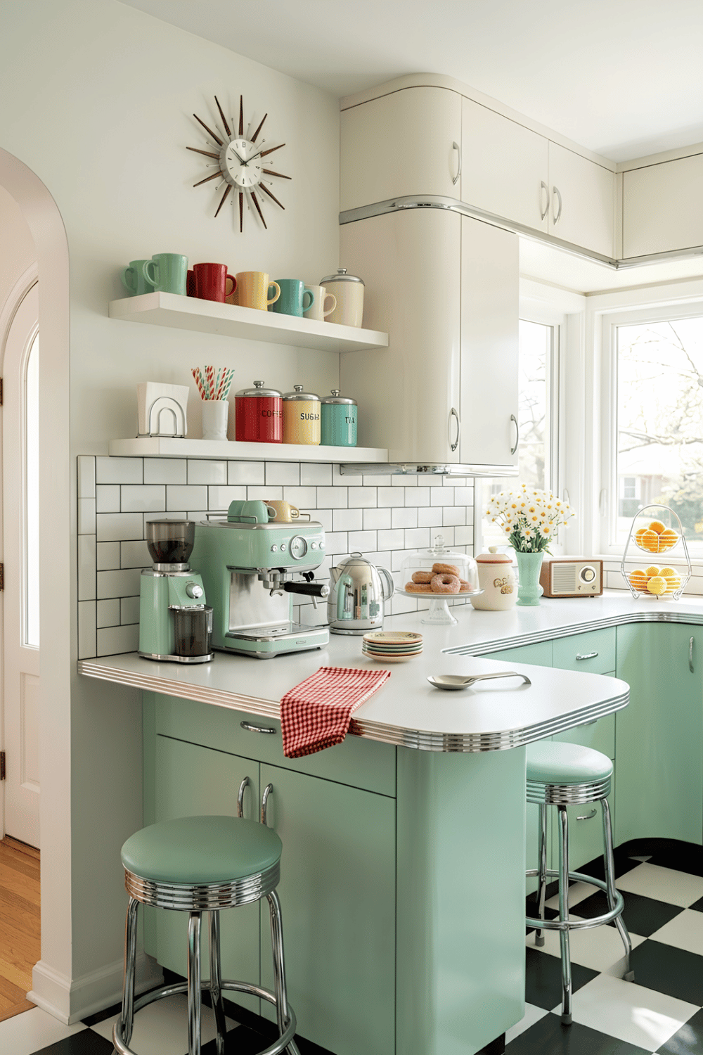 Retro kitchen coffee station with a mint green espresso machine, colorful mugs, checkerboard accents, and vintage décor.