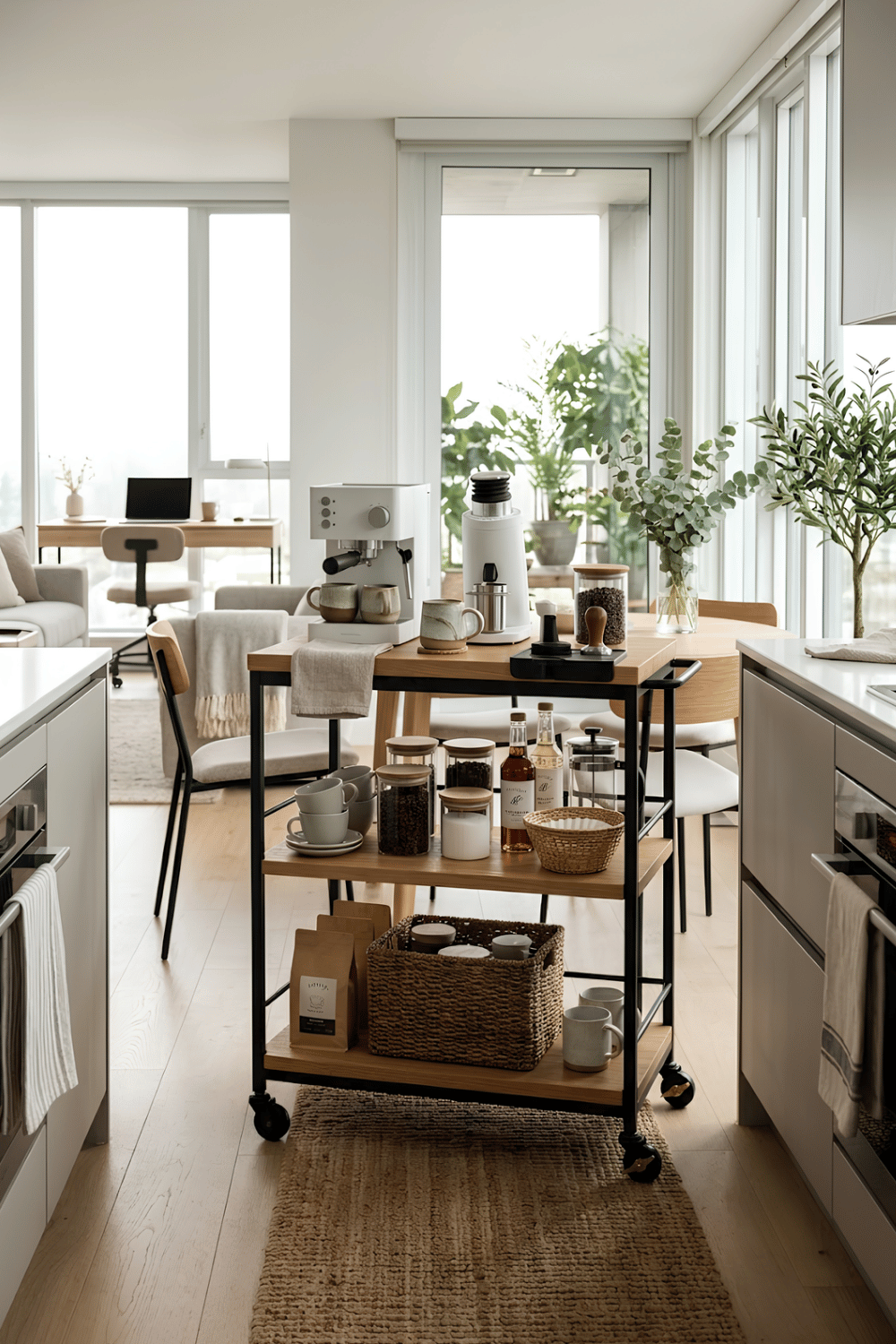 Rolling coffee cart with an espresso machine, mugs, storage baskets, and coffee supplies in a modern home.