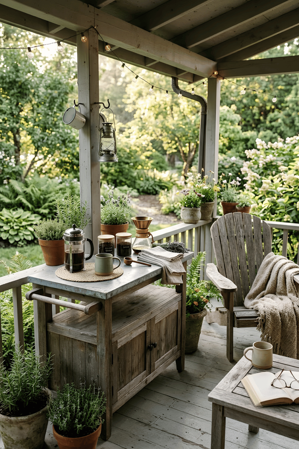 Rustic outdoor coffee station on a covered patio with a wooden cart, French press, string lights, and potted herbs.
