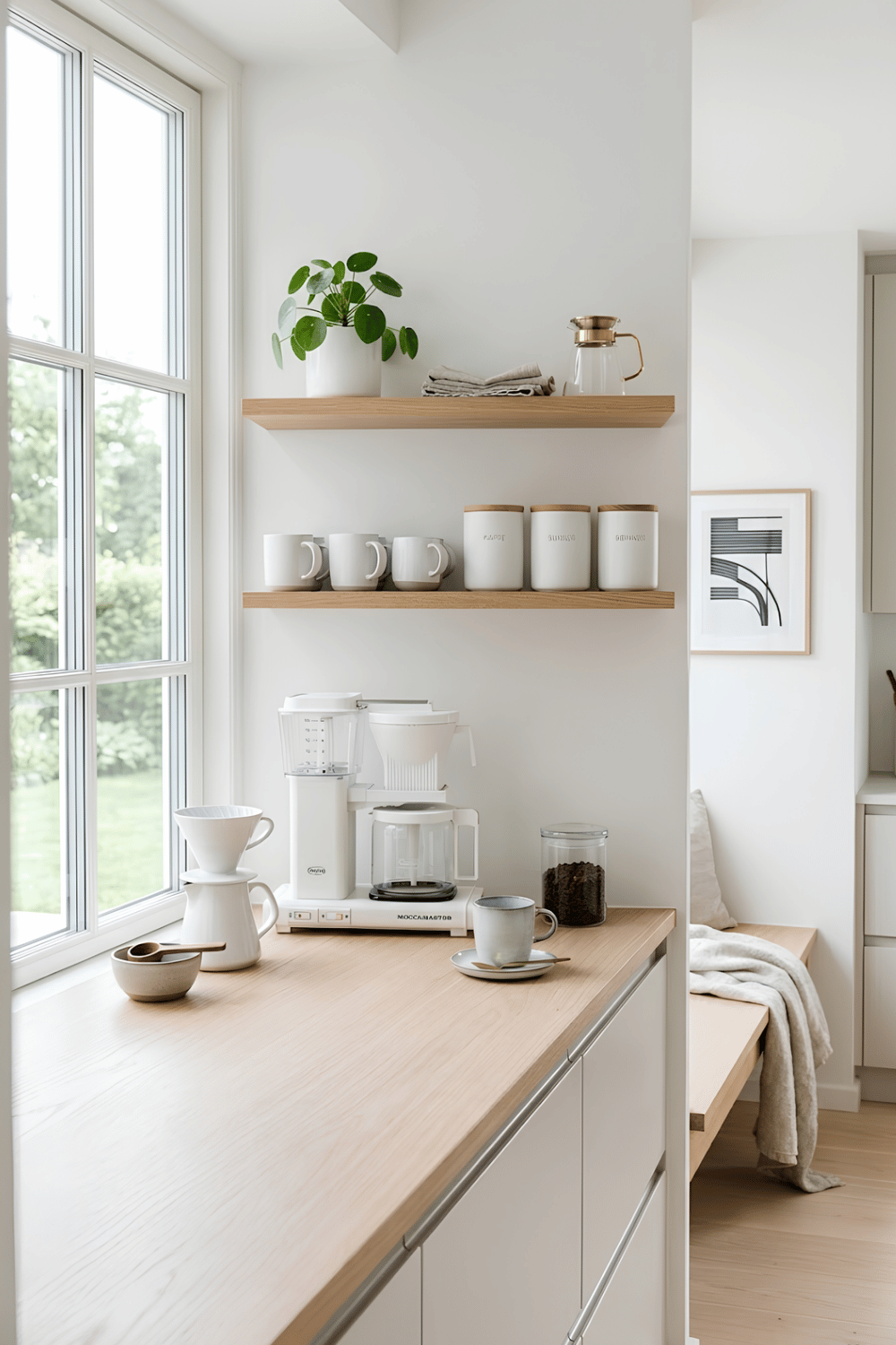 Scandinavian coffee corner with light wood shelves, white ceramic canisters, neutral mugs, and a small plant.