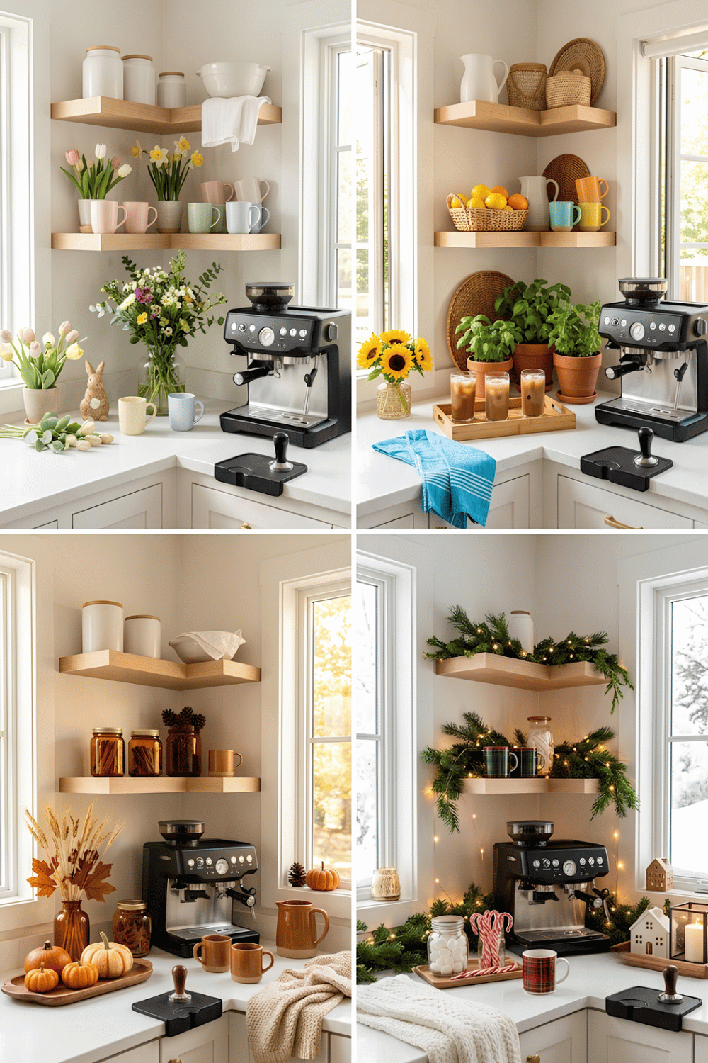 Four-season collage showing the same coffee corner decorated for spring, summer, fall, and winter.