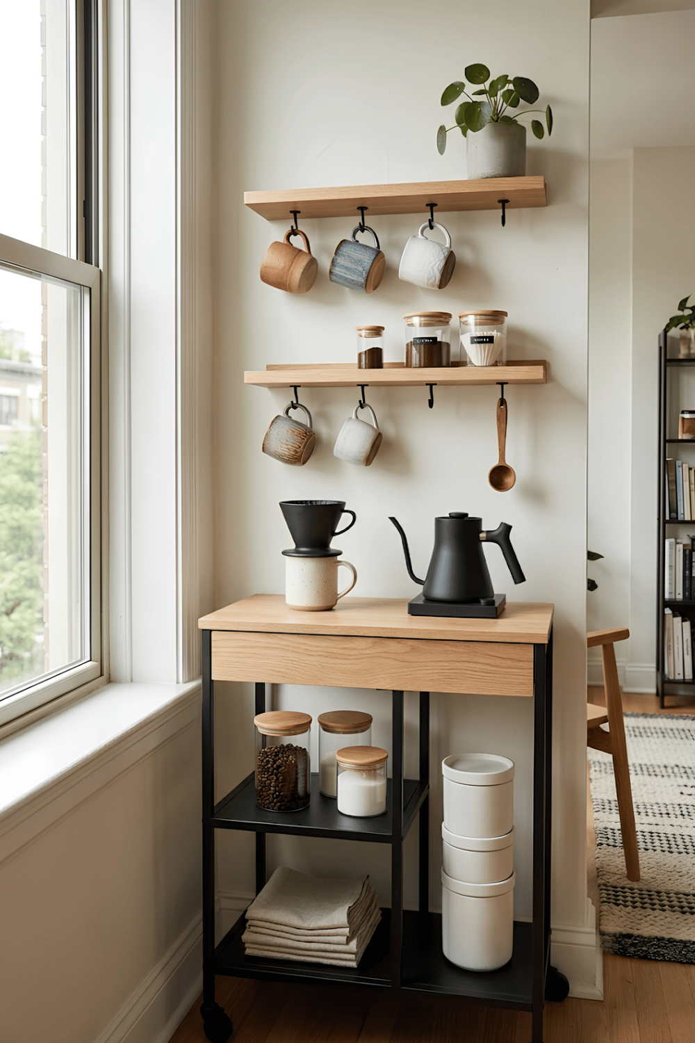 Small apartment coffee nook with floating shelves, wall-mounted mug hooks, a slim console table, and compact coffee maker.