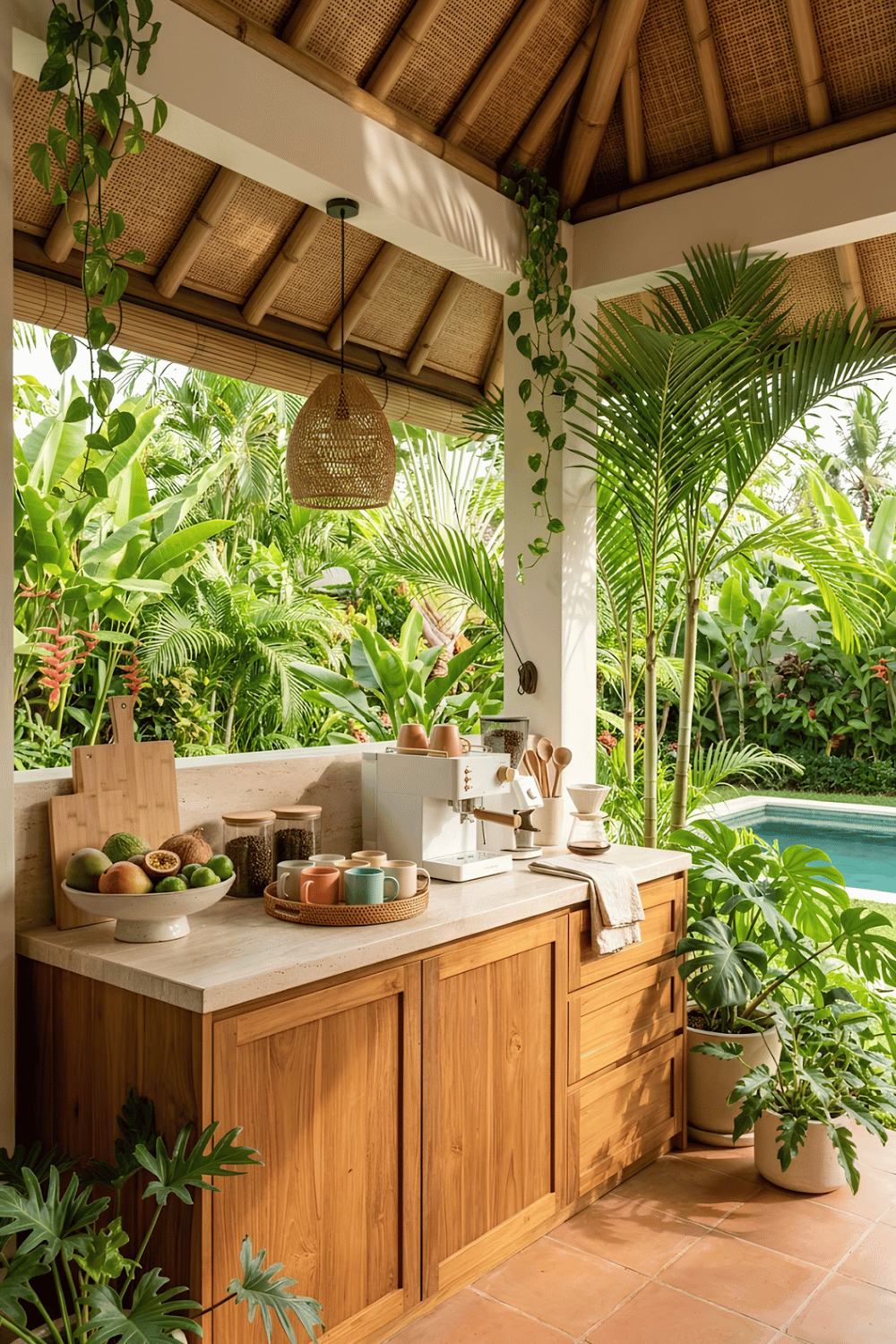 Tropical coffee corner with palm plants, rattan furniture, bright ceramic mugs, and a stylish home coffee station.